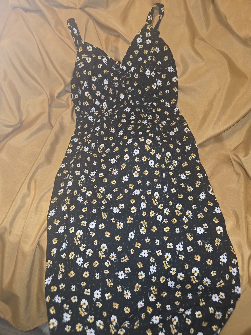 Black Floral Slip Dress with Yellow & White Daisies